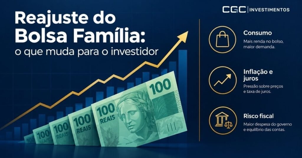 Arte: reajuste do Bolsa Família e os três canais de efeito para o investidor — consumo, inflação e juros, risco fiscal